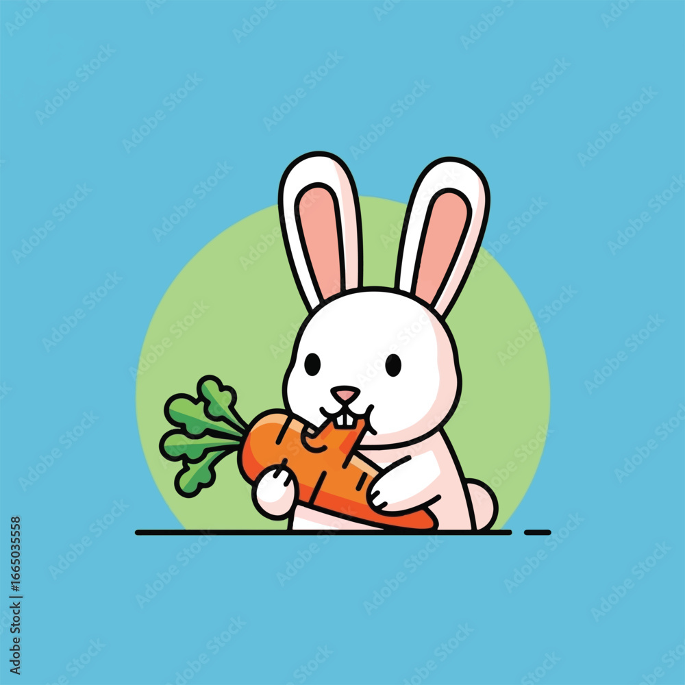 Obraz premium Cartoon illustration of a cute white rabbit eating a carrot on a blue background.