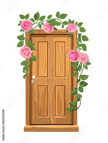  Elegant wooden door adorned with lush pink climbing roses, a beautiful and sophisticated entryway for a dreamy house illustration
