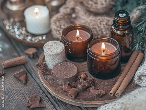 Cozy Winter Spa Scene with Candles, Essential Oils, and Cinnamon