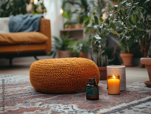 Cozy Living Room Interior with Knitted Pouf, Candle, and Plants