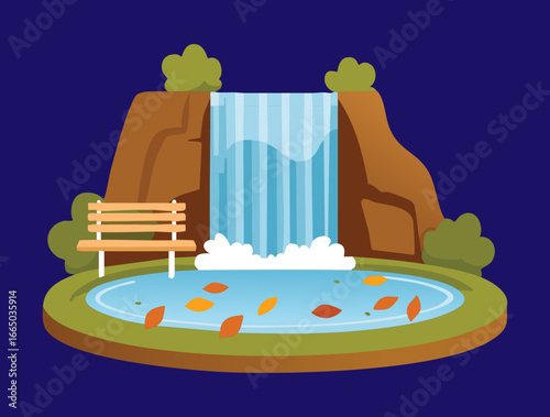 A dramatic digital illustration of a waterfall at night, cascading into a serene pond with a wooden bench on the bank, surrounded by floating autumn leaves under a starry sky