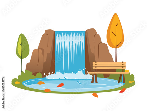 Serene waterfall with a wooden bench and green foliage in a natural setting illustration