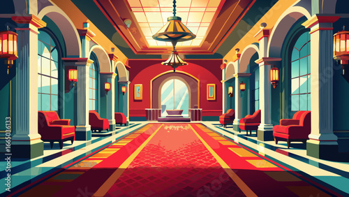 Illustration of a grand hall with red carpet and chairs