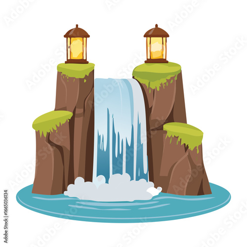 Picturesque waterfall with glowing lanterns and beautiful foliage in a tranquil setting illustration