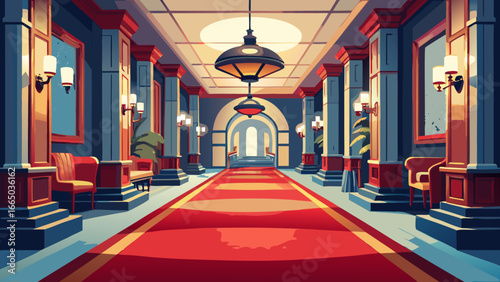 Illustration of a grand hotel hallway with red carpet