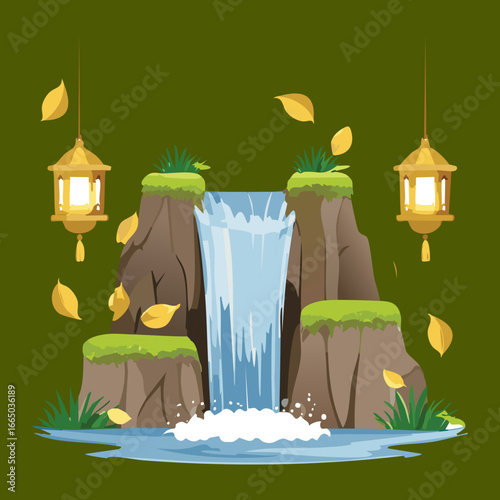 Enchanting waterfall with glowing lanterns and lush green foliage in a peaceful setting illustration