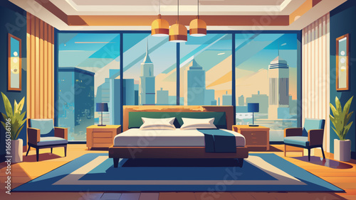 Illustration of a modern bedroom with a city view