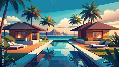 Tropical resort with pool and beachside villas view