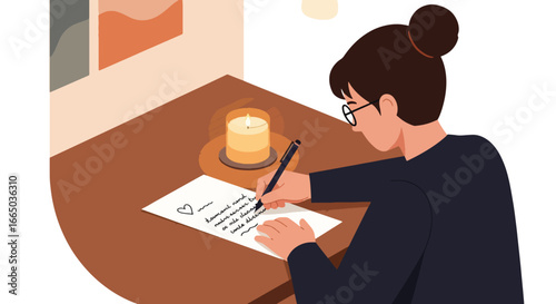 A woman with glasses and a bun writes a heartfelt letter by candlelight at a wooden desk.