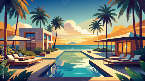 Tropical resort with pool and palm trees at sunset
