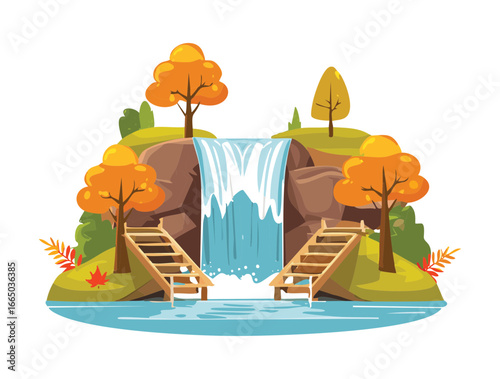  Peaceful natural waterfall with a rustic staircase and a calm stream illustration