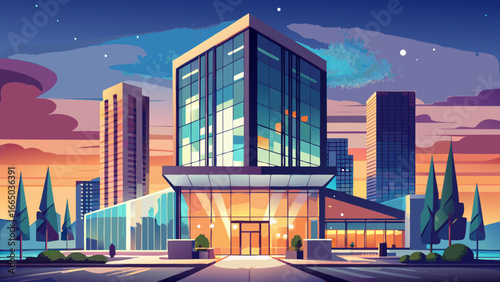 Illustration of a modern office building at twilight