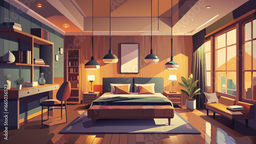 Illustration of a bedroom with desk and hanging lights