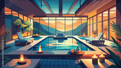 Indoor pool area with lounge chairs and scenic view