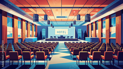 Illustration of a large hotel conference room setup