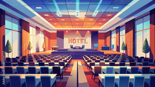 Interior of a hotel conference room with chairs and stage