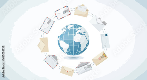 Illustration of global communication with a world globe surrounded by various envelopes connected by a circular path.