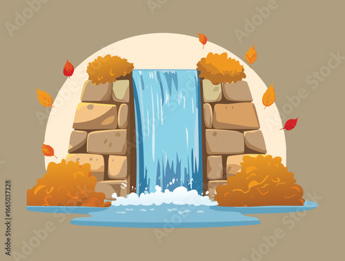 Picturesque waterfall with a stone arch and a peaceful moonlit night sky illustration