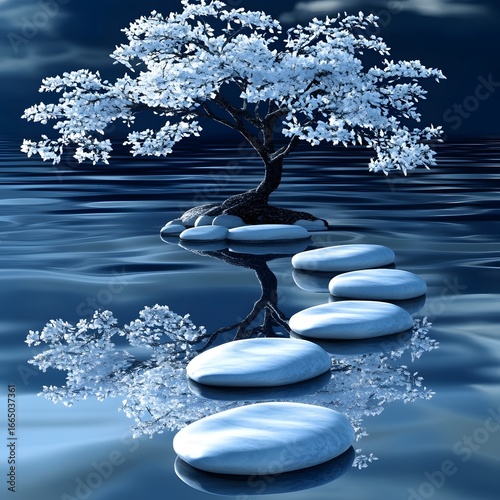 Serene Bonsai Tree on Stepping Stones Water Reflection