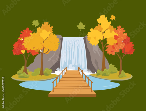  Vibrant autumn waterfall with fiery foliage and a rustic wooden bridge in a peaceful setting illustration