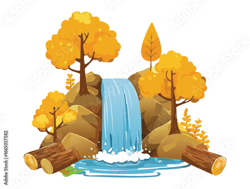 Tranquil autumn waterfall scene with golden trees and orange leaves at dusk illustration
