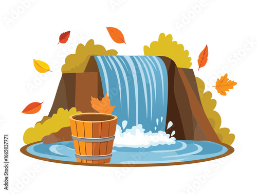  Picturesque autumn waterfall with a wooden bucket and scattered orange leaves illustration