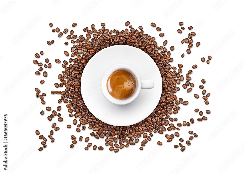 Obraz premium Coffee Cup Top View on Coffee Beans Background