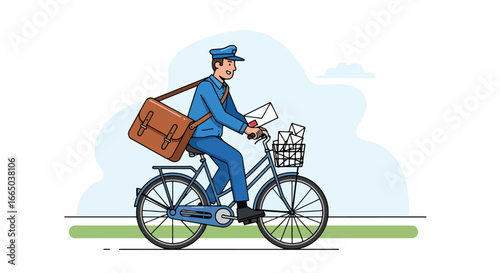 A cartoon postman in blue uniform rides a bicycle delivering letters with a brown satchel over his shoulder.
