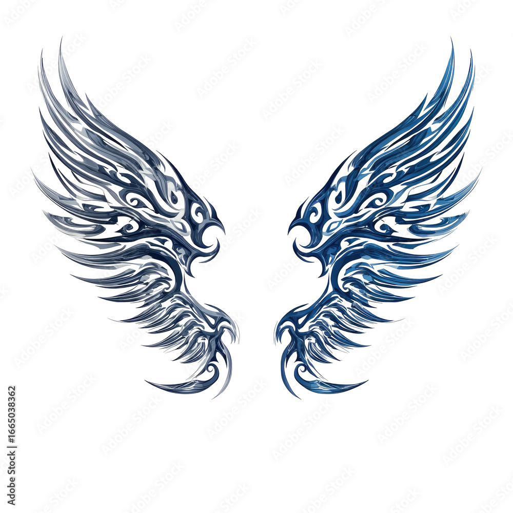 Obraz premium Pair of stylized wings, blue and gray, intricate details