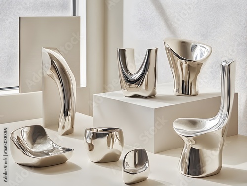 Abstract Modern Silver Sculptures Collection Polished Metal Art Design