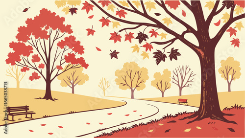 Autumnal park scene with falling leaves benches and winding path showing the beauty of the season change