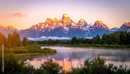 Majestic mountain range at sunrise over a tranquil lake