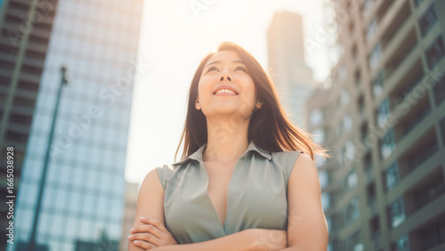Free Download Confident woman enjoying sunny day in urban environment with skyscrapers and blue sky - GFXLoad