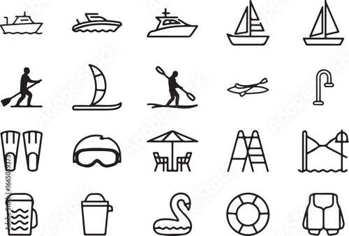 Coastal Summer Vacation and Water Sport Icons