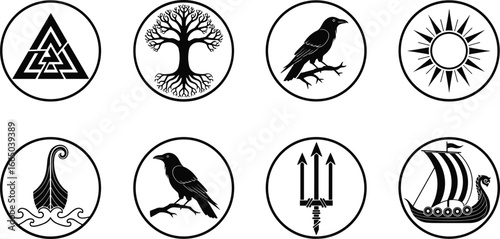 Set of eight Norse Viking vector symbols including Valknut, Yggdrasil, ravens, ships, sun, trident, cultural heritage, and mythology designs