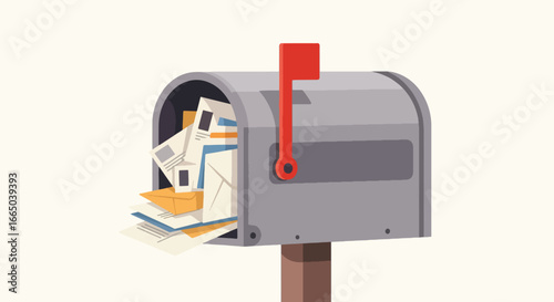 An illustration of a gray mailbox overflowing with letters and envelopes, with the red flag in the upright position.