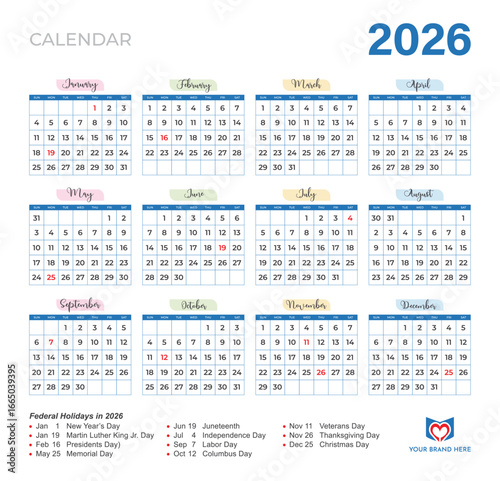 2026 Calendar Template with U.S. Federal Holidays – Clean Minimal Printable Design