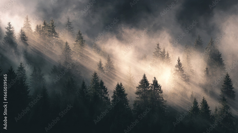 Fototapeta premium Sunbeams pierce mist-shrouded forest, highlighting silhouetted evergreen trees