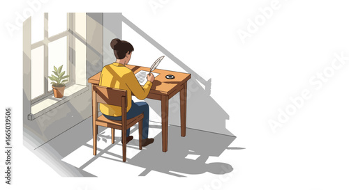 A woman sits at a wooden desk by a sunlit window, reading a document or letter in a bright room.