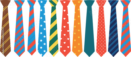 Set of eleven colorful necktie vector illustrations with various patterns, stripes, polka dots, stars, hearts, fashion accessories, and formal wear designs