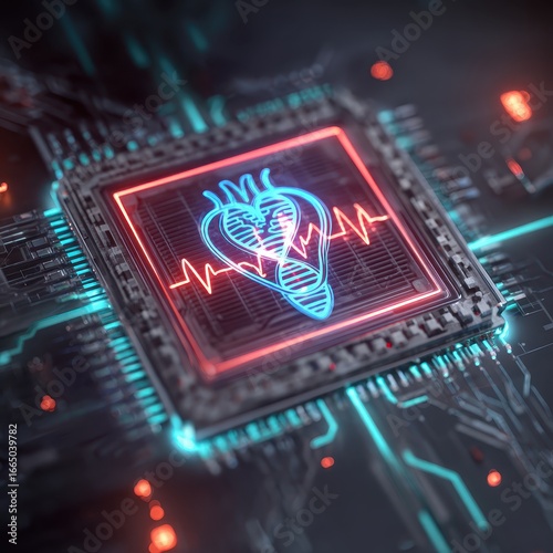 Digital Heartbeat Microchip displaying heart rhythm, technology background. Healthcare, medical