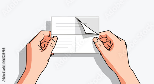 Hands peeling back the corner of a folded white paper with lines, revealing the underneath layer.
