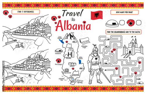 A fun placemat for kids. Printable “Travel to Albania” activity sheet with a labyrinth and find the differences. 17x11 inch printable vector file