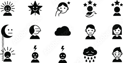 Set of sixteen black and white emotional expression icons showing diverse moods, faces, and symbols for psychology, education, and design concepts