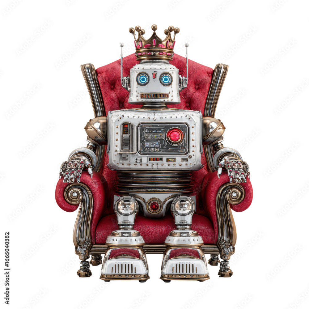 Fototapeta premium Robot king on red chair on transparent background