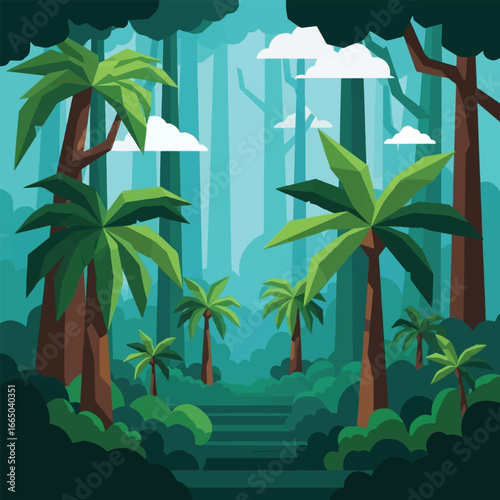 A lush tropical forest scene with a pathway and palm trees.