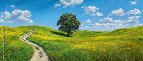 Fototapeta Naklejka Na Ścianę i Meble -  The oak tree standing alone in a sunlit meadow with winding dirt path