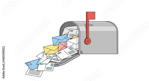 An overflowing mailbox with letters and envelopes spilling out, flag raised, against a white background.