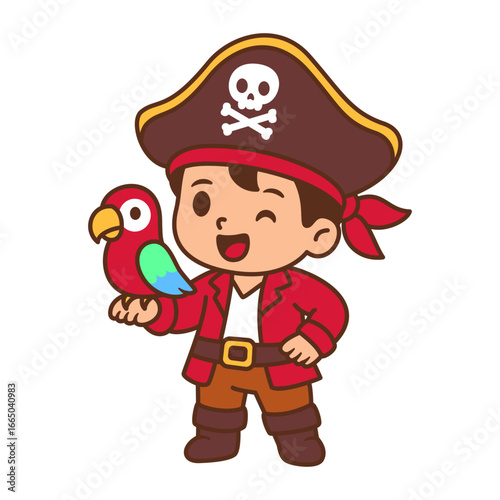 Young pirate captain and his parrot are ready for adventure