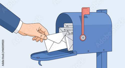 A hand in a blue suit places a white envelope into a full mailbox with a red flag raised.